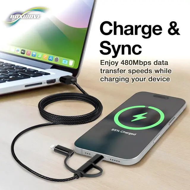 Alt view image 5 of 7 - BoxWave Cable Compatible with Lenovo Tab E8 - AllCharge 3-in-1 Cable - Jet Black