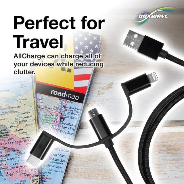 Alt view image 6 of 7 - BoxWave Cable Compatible with Lenovo Tab E8 - AllCharge 3-in-1 Cable - Jet Black