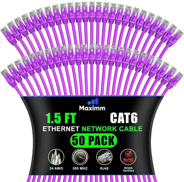 Main image of Maximm Cat 6 Ethernet Cable 1.5 Ft, (50-Pack) Cat6 Cable, LAN Cable, Internet Cable and Network Cable - UTP (Purple)