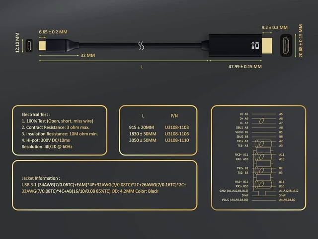Alt view image 7 of 7 - Cable Leader USB 3.1 Type C Male to HDMI (4K @ 60Hz) Male Cable, Black 6 Foot (1 Pack)