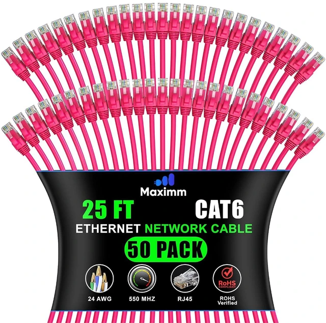 Main image of Maximm Cat 6 Ethernet Cable 25 Ft, (50-Pack) Cat6 Cable, LAN Cable, Internet Cable, Patch Cable and Network Cable - UTP (Pink) 25 Feet ethernet Cord