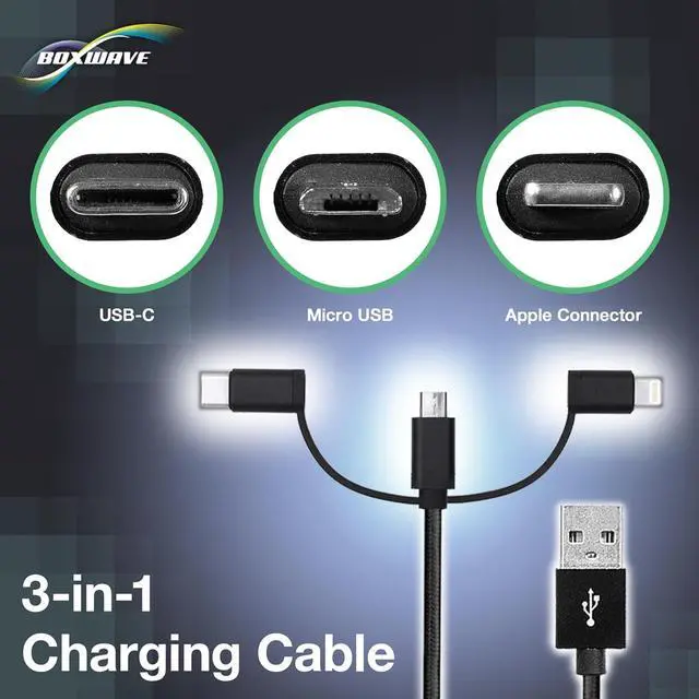 Alt view image 4 of 7 - BoxWave Cable Compatible with OneTouch Idol 3 (4.7) - AllCharge 3-in-1 Cable - Jet Black