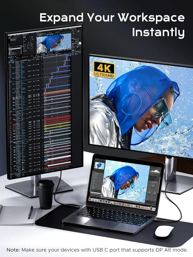 Alt view image 2 of 7 - Plugable USB C Monitor Cable 3.3FT, 4K@144Hz Video Output, 8K USBC 3.2 Gen 2X2 Display Cable, 20Gbps Data Transfer, 240W PD Charging Braided Type C Fit for iPhone 17, MacBook, SSD, Portable Monitor