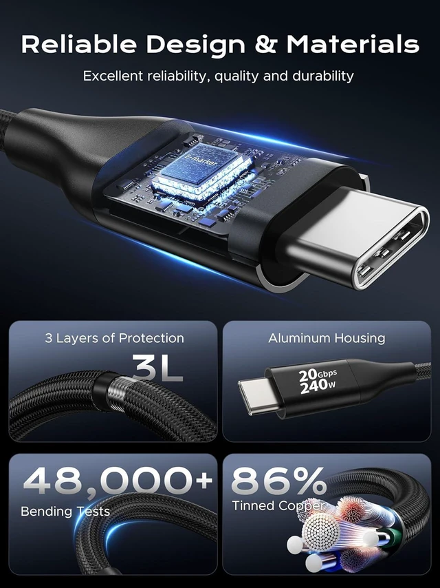 Alt view image 5 of 7 - Plugable USB C Monitor Cable 3.3FT, 4K@144Hz Video Output, 8K USBC 3.2 Gen 2X2 Display Cable, 20Gbps Data Transfer, 240W PD Charging Braided Type C Fit for iPhone 17, MacBook, SSD, Portable Monitor