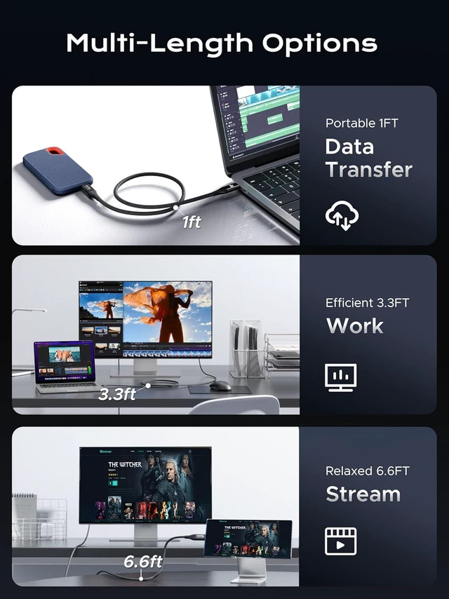 Alt view image 6 of 7 - Plugable USB C Monitor Cable 3.3FT, 4K@144Hz Video Output, 8K USBC 3.2 Gen 2X2 Display Cable, 20Gbps Data Transfer, 240W PD Charging Braided Type C Fit for iPhone 17, MacBook, SSD, Portable Monitor