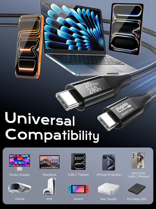 Alt view image 7 of 7 - Plugable USB C Monitor Cable 3.3FT, 4K@144Hz Video Output, 8K USBC 3.2 Gen 2X2 Display Cable, 20Gbps Data Transfer, 240W PD Charging Braided Type C Fit for iPhone 17, MacBook, SSD, Portable Monitor