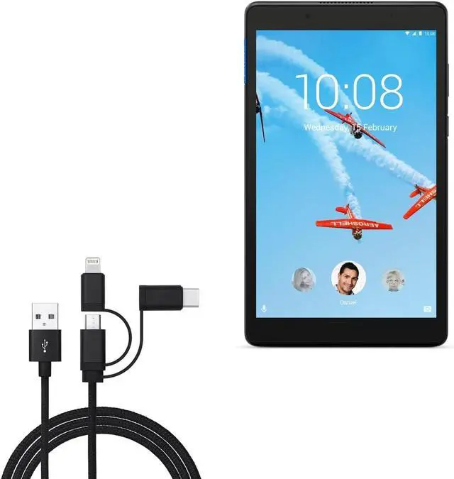 Main image of BoxWave Cable Compatible with Lenovo Tab E8 - AllCharge 3-in-1 Cable - Jet Black