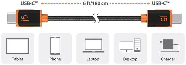 Alt view image 7 of 7 - j5create USB-C to USB-C Sync & Charge Cable with a Braided Polyester Cover for High Durability