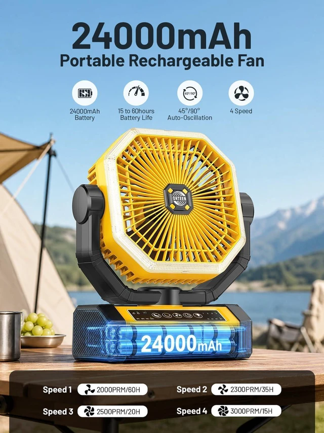 Alt view image 2 of 7 - Orteen Rechargeable 9-Inch Portable Table Fan, 24000mAh Battery Powered Camping Fan with Auto Oscillation, Remote Control, LED Light, Hook - 24000mAh-Yellow