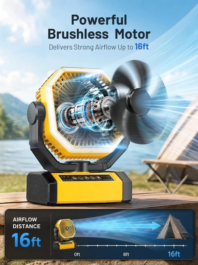 Alt view image 3 of 7 - Orteen Rechargeable 9-Inch Portable Table Fan, 24000mAh Battery Powered Camping Fan with Auto Oscillation, Remote Control, LED Light, Hook - 24000mAh-Yellow