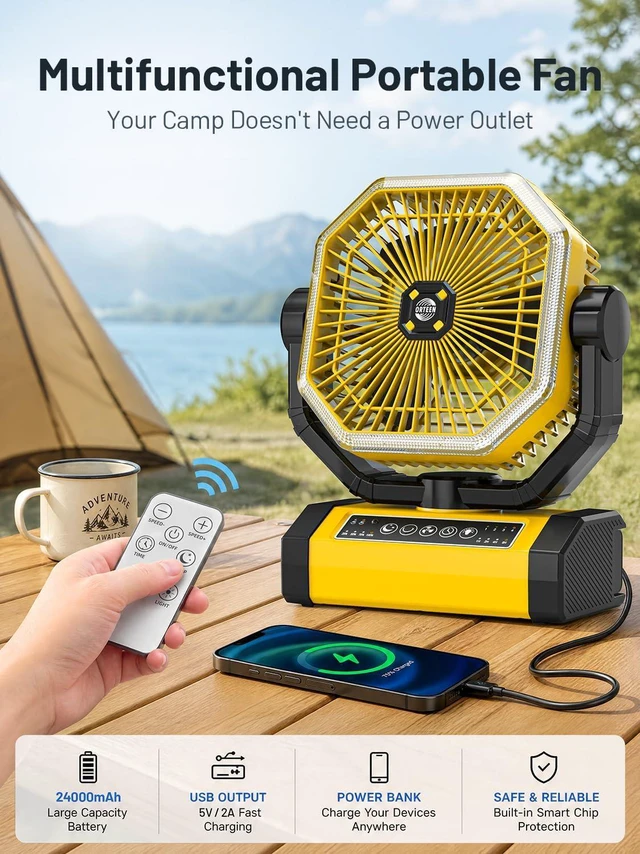 Alt view image 4 of 7 - Orteen Rechargeable 9-Inch Portable Table Fan, 24000mAh Battery Powered Camping Fan with Auto Oscillation, Remote Control, LED Light, Hook - 24000mAh-Yellow