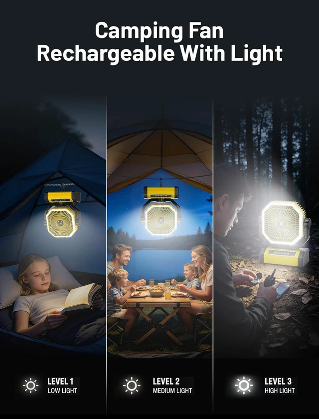 Alt view image 5 of 7 - Orteen Rechargeable 9-Inch Portable Table Fan, 24000mAh Battery Powered Camping Fan with Auto Oscillation, Remote Control, LED Light, Hook - 24000mAh-Yellow