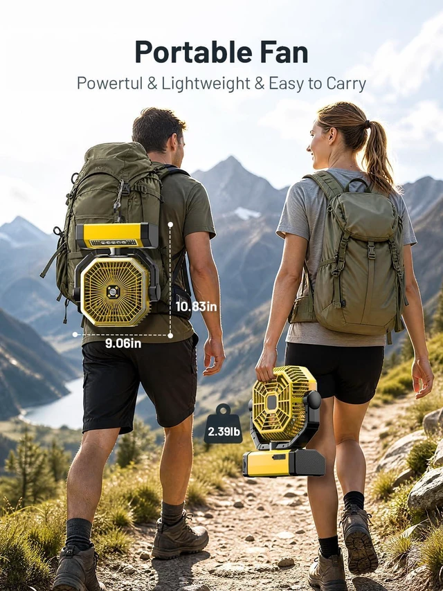 Alt view image 7 of 7 - Orteen Rechargeable 9-Inch Portable Table Fan, 24000mAh Battery Powered Camping Fan with Auto Oscillation, Remote Control, LED Light, Hook - 24000mAh-Yellow