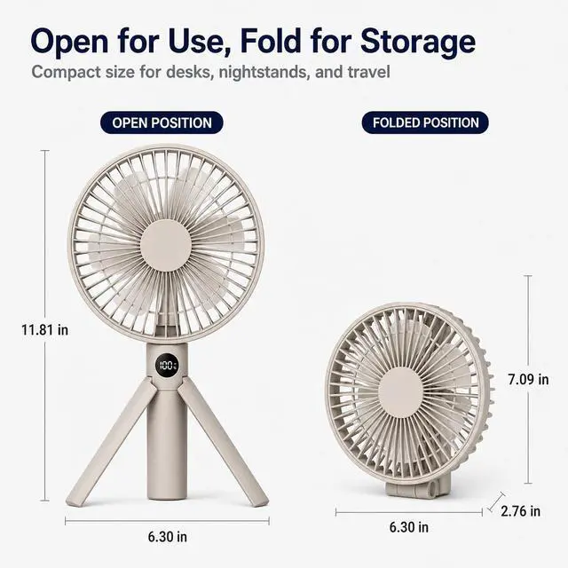 Alt view image 2 of 7 - Quiet Handheld Camping Fan, Portable Fan Rechargeable, 12H Battery Life | 3000mAh battery powered hand held fan with USB-C charging, digital display, 4 speeds and quiet airflow for camping and travel
