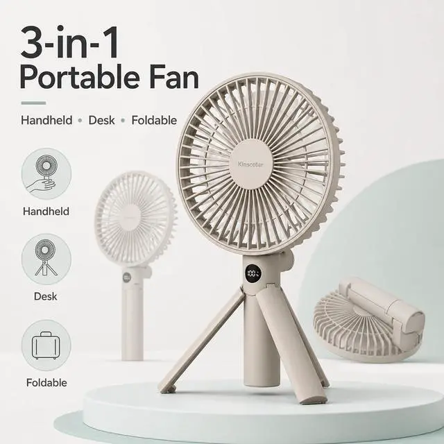 Alt view image 3 of 7 - Quiet Handheld Camping Fan, Portable Fan Rechargeable, 12H Battery Life | 3000mAh battery powered hand held fan with USB-C charging, digital display, 4 speeds and quiet airflow for camping and travel