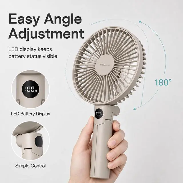 Alt view image 5 of 7 - Quiet Handheld Camping Fan, Portable Fan Rechargeable, 12H Battery Life | 3000mAh battery powered hand held fan with USB-C charging, digital display, 4 speeds and quiet airflow for camping and travel