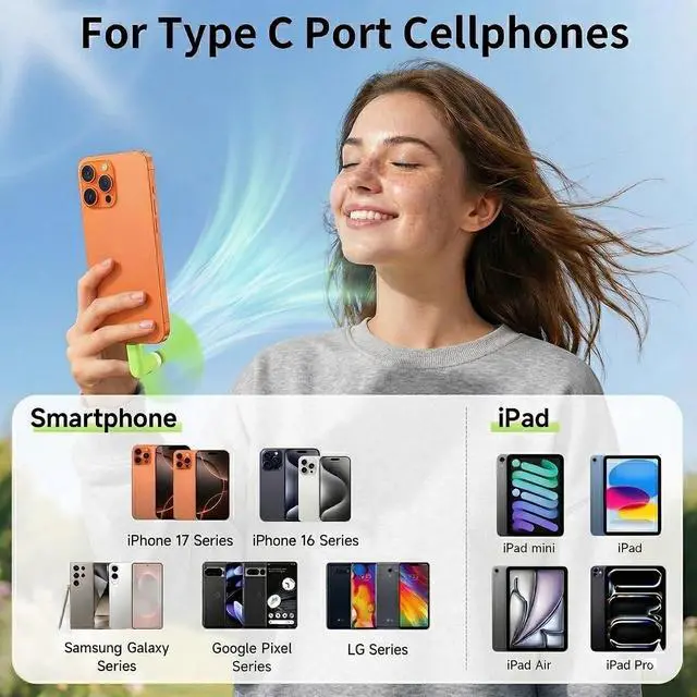 Alt view image 3 of 7 - 6Pack Type C Tiny Portable Phone Fan, Compatible with Apple iPhone 16/16p/16promax 15/15 Pro /15 Pro Max, Compatible with Samsung Galaxy S24 / S23 / 23 Ultra/ 24 Ultra/25 Ultra