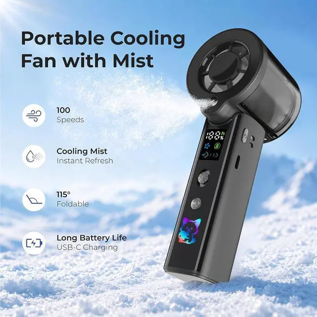 Alt view image 2 of 7 - Portable Handheld Misting Fan, 3000mAh Rechargeable, 100 Adjustable Speeds, Type-C Two-Way Charging, Mini Water Spray Fan for Travel Outdoor Makeup, Ideal Gift for Men Women (Black)