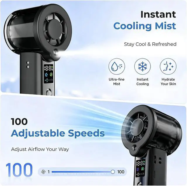 Alt view image 3 of 7 - Portable Handheld Misting Fan, 3000mAh Rechargeable, 100 Adjustable Speeds, Type-C Two-Way Charging, Mini Water Spray Fan for Travel Outdoor Makeup, Ideal Gift for Men Women (Black)