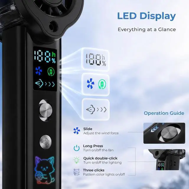 Alt view image 4 of 7 - Portable Handheld Misting Fan, 3000mAh Rechargeable, 100 Adjustable Speeds, Type-C Two-Way Charging, Mini Water Spray Fan for Travel Outdoor Makeup, Ideal Gift for Men Women (Black)