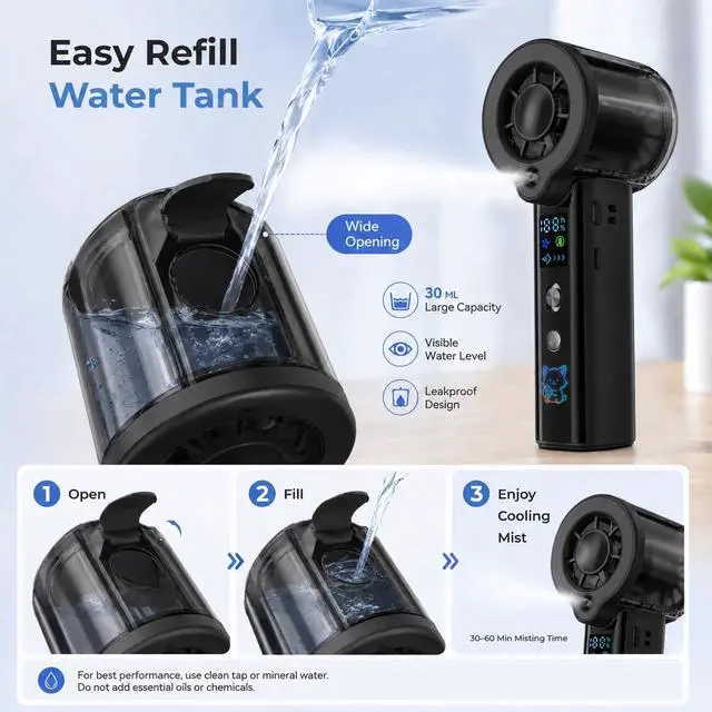 Alt view image 5 of 7 - Portable Handheld Misting Fan, 3000mAh Rechargeable, 100 Adjustable Speeds, Type-C Two-Way Charging, Mini Water Spray Fan for Travel Outdoor Makeup, Ideal Gift for Men Women (Black)
