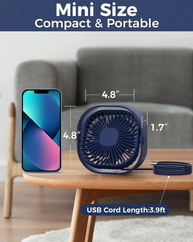 Alt view image 2 of 6 - RJVW 4 Inch Small USB Desk Fan, 3-Speed Portable & 360°Rotatable Mini Cooling Fan, USB-Powered Desktop Fan for Home Office Bedroom Dorm Indoor Outdoor Summer Gift