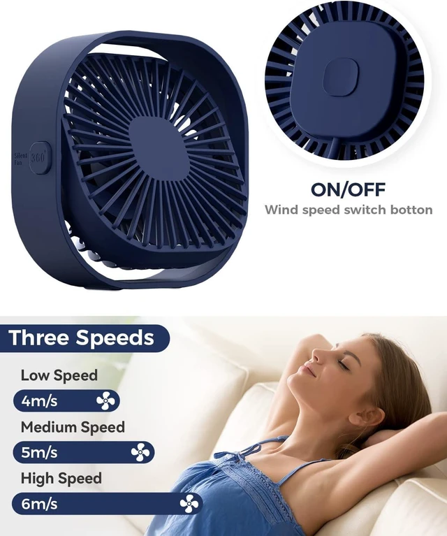 Alt view image 4 of 6 - RJVW 4 Inch Small USB Desk Fan, 3-Speed Portable & 360°Rotatable Mini Cooling Fan, USB-Powered Desktop Fan for Home Office Bedroom Dorm Indoor Outdoor Summer Gift