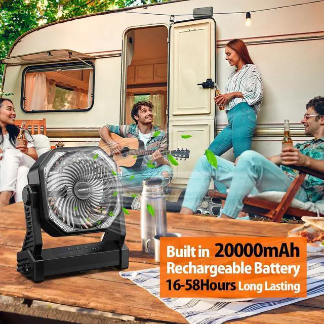 Alt view image 2 of 7 - 20000mAh Battery Operated Portable Fan 8 inch Rechargeable Camping Fan with LED Light with Hanging Hook for Tent Travel Car Jobsite Outdoor Fishing (Total Black)