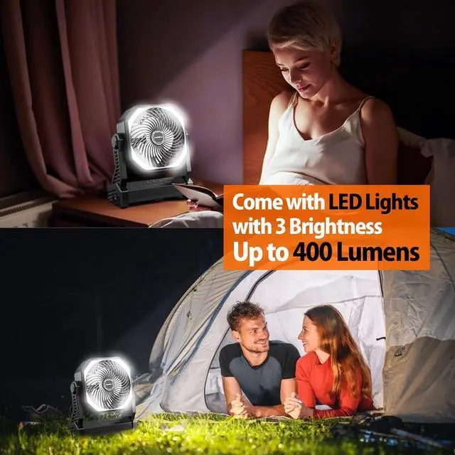 Alt view image 3 of 7 - 20000mAh Battery Operated Portable Fan 8 inch Rechargeable Camping Fan with LED Light with Hanging Hook for Tent Travel Car Jobsite Outdoor Fishing (Total Black)