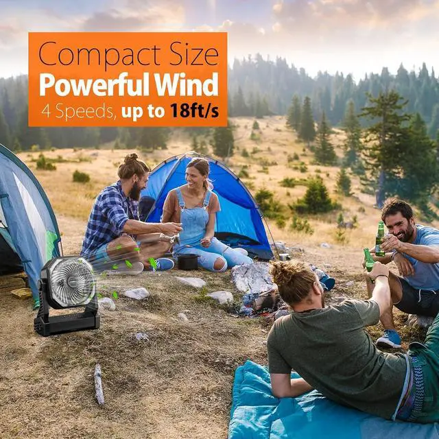 Alt view image 4 of 7 - 20000mAh Battery Operated Portable Fan 8 inch Rechargeable Camping Fan with LED Light with Hanging Hook for Tent Travel Car Jobsite Outdoor Fishing (Total Black)