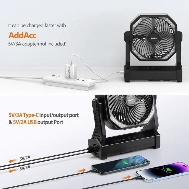 Alt view image 5 of 7 - 20000mAh Battery Operated Portable Fan 8 inch Rechargeable Camping Fan with LED Light with Hanging Hook for Tent Travel Car Jobsite Outdoor Fishing (Total Black)