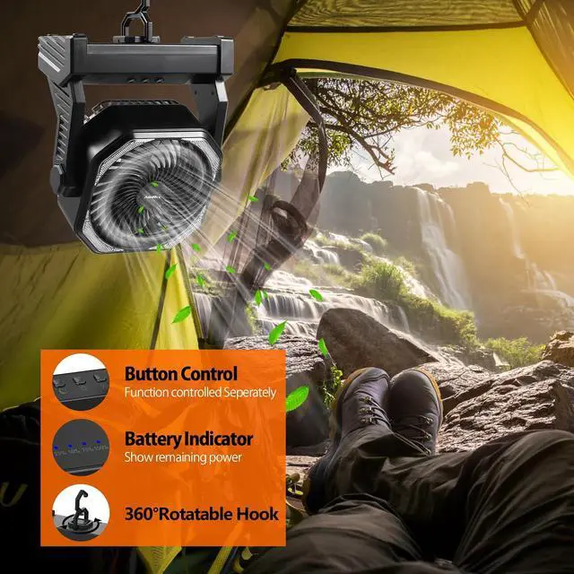 Alt view image 6 of 7 - 20000mAh Battery Operated Portable Fan 8 inch Rechargeable Camping Fan with LED Light with Hanging Hook for Tent Travel Car Jobsite Outdoor Fishing (Total Black)
