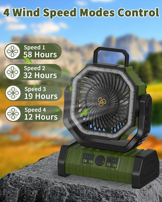 Alt view image 3 of 7 - ADUST Camping Battery Powered Fan with LED Light 20000mAh Rechargeable Portable, Oscillating Cordless USB Desk Fan with Rotation Hanging Hook for Tent, Canopy, Beach, Outdoor Travel(Green)