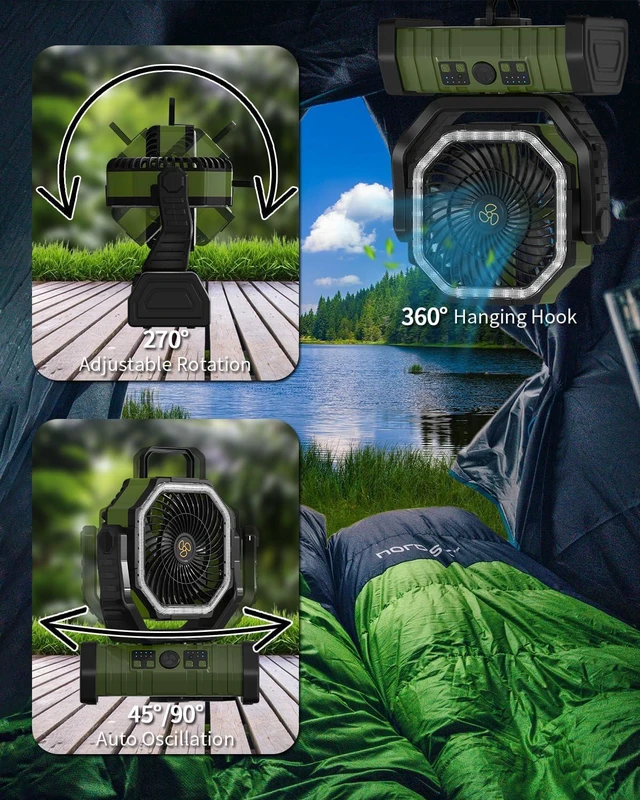 Alt view image 6 of 7 - ADUST Camping Battery Powered Fan with LED Light 20000mAh Rechargeable Portable, Oscillating Cordless USB Desk Fan with Rotation Hanging Hook for Tent, Canopy, Beach, Outdoor Travel(Green)