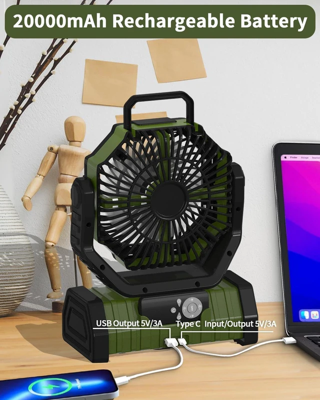 Alt view image 7 of 7 - ADUST Camping Battery Powered Fan with LED Light 20000mAh Rechargeable Portable, Oscillating Cordless USB Desk Fan with Rotation Hanging Hook for Tent, Canopy, Beach, Outdoor Travel(Green)