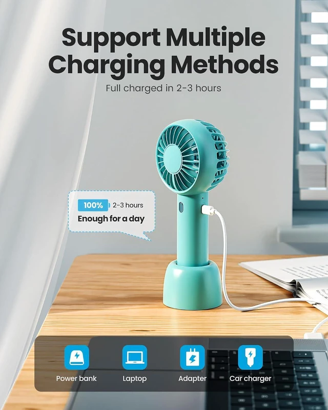 Alt view image 6 of 7 - Gaiatop Mini Portable Fan, Powerful Handheld Fan, Cute Design 3 Speed Personal Small Desk Fan with Base, Lightweight Makeup USB Rechargeable Fan for Stylish Girl Women Travel Indoor Outdoor Green