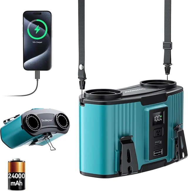 Main image of Doublepow 24000mAh Portable Waist Fan, Personal Fan, Dual Air Ducts Motors, Rechargeable Clip On Belt for Working, 10 Speeds 45H Wearable Neck Cooling, for Outdoor Work, Travel, Power Outage (Blue)