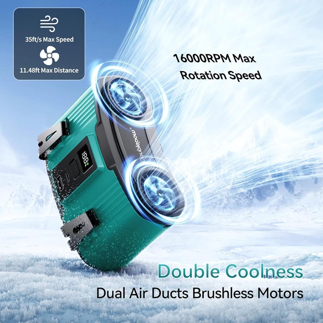 Alt view image 3 of 7 - Doublepow 24000mAh Portable Waist Fan, Personal Fan, Dual Air Ducts Motors, Rechargeable Clip On Belt for Working, 10 Speeds 45H Wearable Neck Cooling, for Outdoor Work, Travel, Power Outage (Blue)