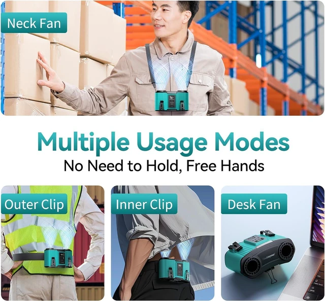 Alt view image 6 of 7 - Doublepow 24000mAh Portable Waist Fan, Personal Fan, Dual Air Ducts Motors, Rechargeable Clip On Belt for Working, 10 Speeds 45H Wearable Neck Cooling, for Outdoor Work, Travel, Power Outage (Blue)