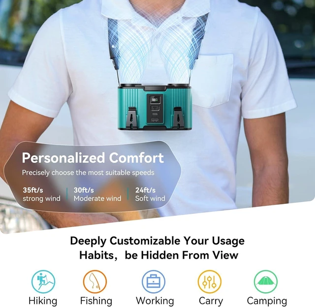Alt view image 7 of 7 - Doublepow 24000mAh Portable Waist Fan, Personal Fan, Dual Air Ducts Motors, Rechargeable Clip On Belt for Working, 10 Speeds 45H Wearable Neck Cooling, for Outdoor Work, Travel, Power Outage (Blue)