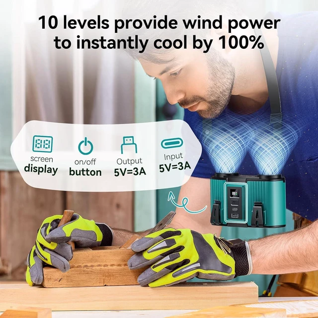 Alt view image 4 of 7 - Doublepow 24000mAh Portable Waist Fan, Personal Fan, Dual Air Ducts Motors, Rechargeable Clip On Belt for Working, 10 Speeds 45H Wearable Neck Cooling, for Outdoor Work, Travel, Power Outage (Blue)