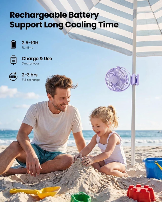 Alt view image 4 of 6 - Gaiatop Portable Clip on Fan Battery Operated, Small Powerful 3 Speed Quiet 360° Rotate, USB Rechargeable Mini Personal Cooling Fan for Desk Table Home Office Stroller Camping Women Gifts Purple