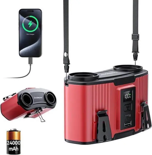 Main image of Doublepow 24000mAh Portable Waist Fan, Personal Fan, Dual Air Ducts Motors, Rechargeable Clip On Belt for Working, 10 Speeds 45H Wearable Neck Cooling, for Outdoor Work Travel, Power Outage (Red)