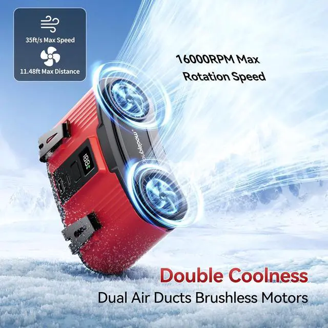 Alt view image 3 of 7 - Doublepow 24000mAh Portable Waist Fan, Personal Fan, Dual Air Ducts Motors, Rechargeable Clip On Belt for Working, 10 Speeds 45H Wearable Neck Cooling, for Outdoor Work Travel, Power Outage (Red)