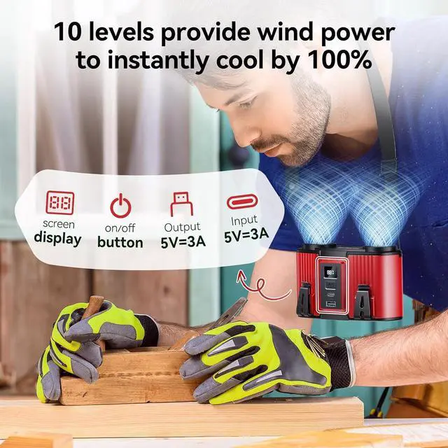 Alt view image 4 of 7 - Doublepow 24000mAh Portable Waist Fan, Personal Fan, Dual Air Ducts Motors, Rechargeable Clip On Belt for Working, 10 Speeds 45H Wearable Neck Cooling, for Outdoor Work Travel, Power Outage (Red)