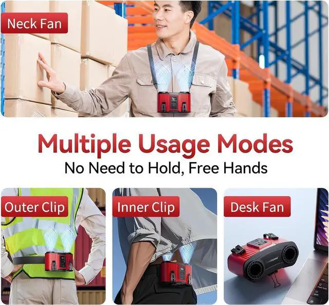 Alt view image 6 of 7 - Doublepow 24000mAh Portable Waist Fan, Personal Fan, Dual Air Ducts Motors, Rechargeable Clip On Belt for Working, 10 Speeds 45H Wearable Neck Cooling, for Outdoor Work Travel, Power Outage (Red)