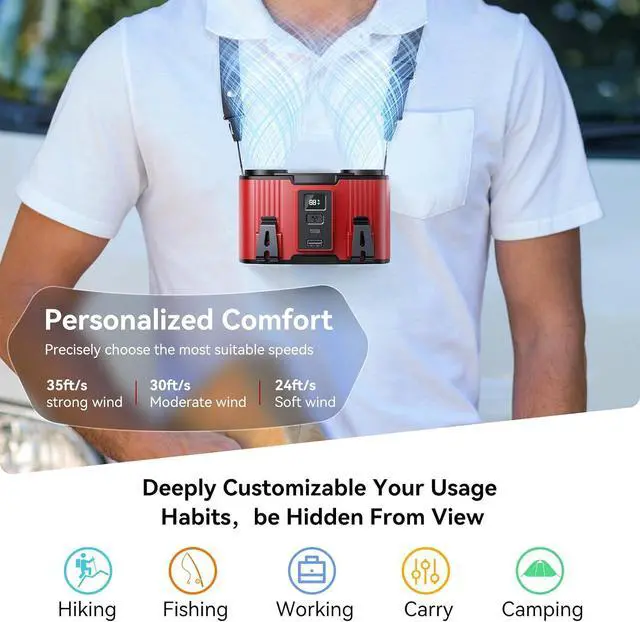 Alt view image 7 of 7 - Doublepow 24000mAh Portable Waist Fan, Personal Fan, Dual Air Ducts Motors, Rechargeable Clip On Belt for Working, 10 Speeds 45H Wearable Neck Cooling, for Outdoor Work Travel, Power Outage (Red)