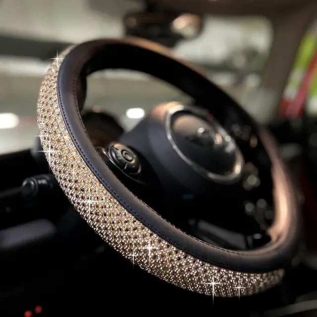 Main image of PINCTROT Large Size Bling Comfy Steering Wheel Cover with Jumbo Crystal Rhinestones, Anti-Slip Diamond Leather, 15.5-15.75 Inch (Gold)
