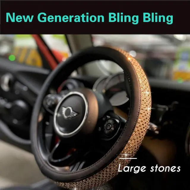 Alt view image 2 of 6 - PINCTROT Large Size Bling Comfy Steering Wheel Cover with Jumbo Crystal Rhinestones, Anti-Slip Diamond Leather, 15.5-15.75 Inch (Gold)