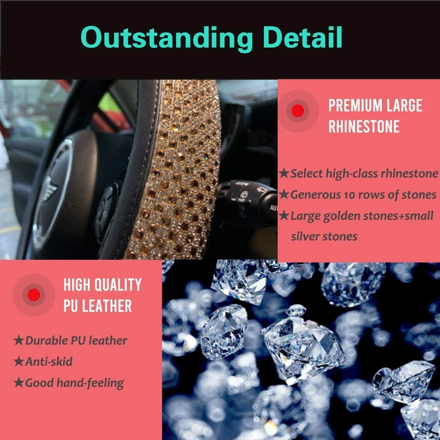 Alt view image 3 of 6 - PINCTROT Large Size Bling Comfy Steering Wheel Cover with Jumbo Crystal Rhinestones, Anti-Slip Diamond Leather, 15.5-15.75 Inch (Gold)